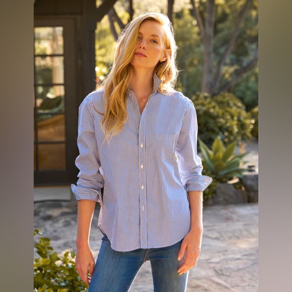 NEW FRANK & Eileen Finbar button down organic cotton shirt in blue stripe - Picture 2 of 7